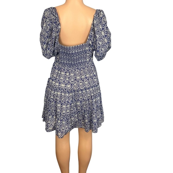 3/$30 🍂Zara Women Blue Floral A-Line Mini Dress Short Puff Sleeve Tassels Tiered - Picture 8 of 10